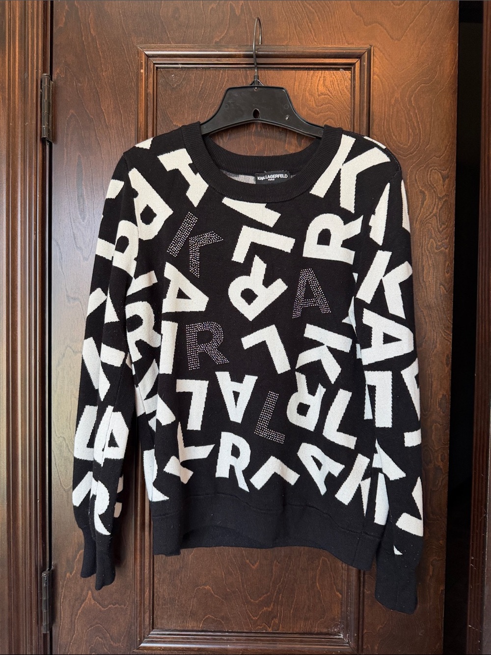 Karl Lagerfeld Black and White Logo Pattern Crewneck Sweater